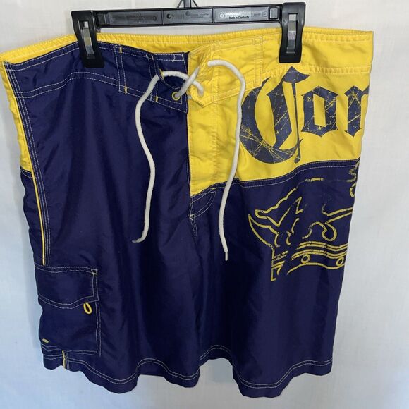 Corona Extra Board Shorts Men’s Size 34 Blue Yellow Drawstring Pocket Side - Picture 1 of 12